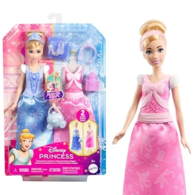 Image de Mattel Princesses Disney Poupée Cendrillon et Tenues Coffret 2 en 1 avec Tenues, 9 Accessoires, corsages à Clipser Jupes, inspiré du Dessin animé Disney, JCR95