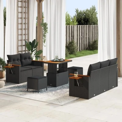 Image de Ensemble de canapés jardin vidaXL 8 pièces avec coussins noir poly rattan acacia, salle à manger 3365069