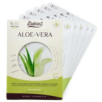 Image de Ardaraz Masque hydratant visage Apaisants à l&#039;Aloe Vera des Canaries. Lot de 5 masques pour le visage. Rafraîchissants, l&#039;Acide Hyaluronique. Hydratation Profonde avec effet immédiat.