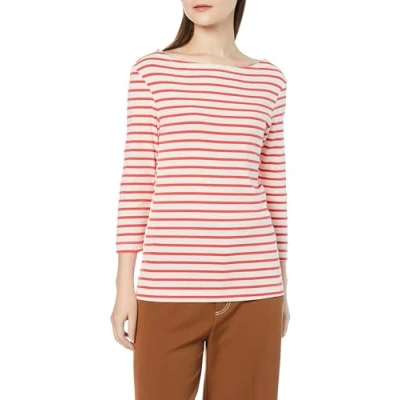 Image de Amazon Essentials T Shirt Col Bateau Uni Coupe Ajustée à Manches 3/4 Femme, Orange Corail Blanc Cassé Rayures, M