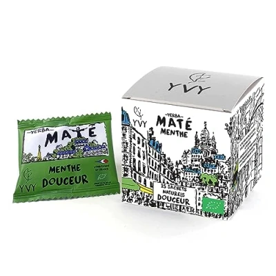 Image de YVY MATÉ Yerba Mate Bio Menthe 15 sachets de thé Maté naturels Non Fumé, Sans Tige, Poussière Douce et Vert Énergisant, frais équilibré