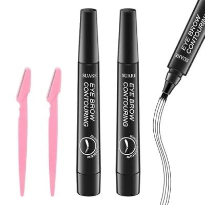 Image de 2 pièces crayon à sourcils microblading, 4 pointes, profileur de sourcils, adapté aux débutants et professionnels (noir avec tondeuse sourcils)