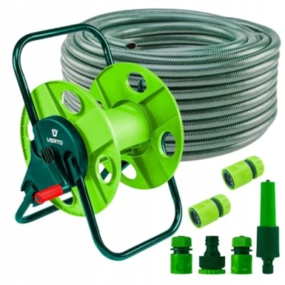 Image de VERTO Enrouleur de tuyau, tuyau d&#039;arrosage 30 m, pistolet à eau, 3 raccords arrêt d&#039;eau, raccord robinet, kit démarrage complet pour l&#039;arrosage du jardin