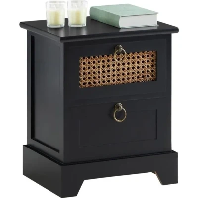 Image de IDIMEX Table de Chevet Padma 2 tiroirs, Nuit Design Vintage en Bois lasuré Noir et cannage rotin