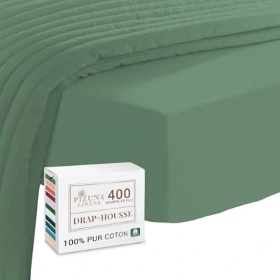 Image de Pizuna Coton Peigné Drap Housse 200x200 cm Haie Verte, 100% Longue Tige 400 Fils Armure Satin, de Luxe Bonnet 40 (Haie Verte 2 Personnes)