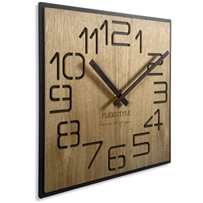Image de FLEXISTYLE Grande Horloge Murale Moderne en Bois ECO 50 cm, silencieuse, Aspect Bois, chêne, Salon, Chambre à Coucher, fabriquée dans l&#039;UE (Digits)