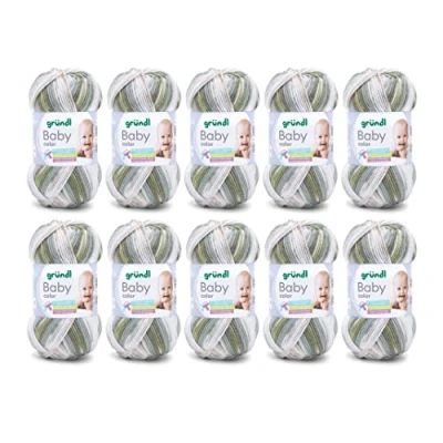 Image de Fil Gründl Baby color (fil à crochet caractère laineux, composé de 70% d’acrylique et 30% polyamide, aiguilles n 3 ½ 4 ½, 10 x 50 g), mousse nature jade blanc Multicolore