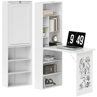 Image de HOMCOM Bureau Informatique Pliable, avec bibliothèque, Poste de Travail, Tableau Blanc, 9 Compartiments Ouverts et étagère réglable, Table d&#039;ordinateur pour Chambre, Studio, 98x51x153cm, Blanc