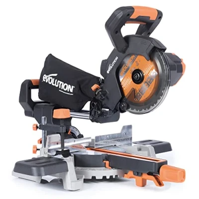 Image de Evolution Scie à onglet coulissante sans fil Power Tools R185SMS Li pour coupe multi matériaux, biseau de 45, 50, 850 W. Comprend une lame TCT 185 MM et garantie 3 ans