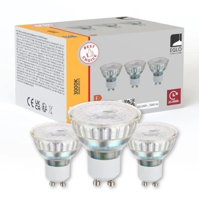 Image de Eglo Lot de 3 ampoules LED GU10, lampes réflecteur, spots 4,5 watts chacun (équivalent 30 watts), blanc chaud, 3000 Kelvin, Ø 5 cm