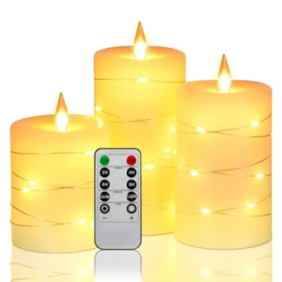 Image de Da by bougies à LED de, guirlandes lumineuses intégrées, 3 LED, avec télécommande 10 touches, fonction de minuterie 24 heures, flamme dansante, vraie cire, alimenté par piles.