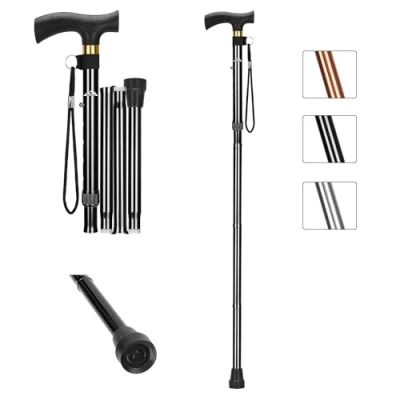Image de supregear Canne Pliante, en Aluminium Pliable et Ajustable avec Poignée T Sangle de Poignet Antidérapante Aide à L&#039;équilibre la Mobilité pour Les Personnes âgées Handicapées