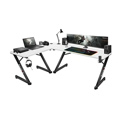 Image de huzaro Hero 7.0 Bureau d&#039;angle Forme de L Poste Gamer Montage Droite et Gauche Plateau en Carbone 154 x 117cm Design Ergonomique Construction Solide Pietement Z Blanc