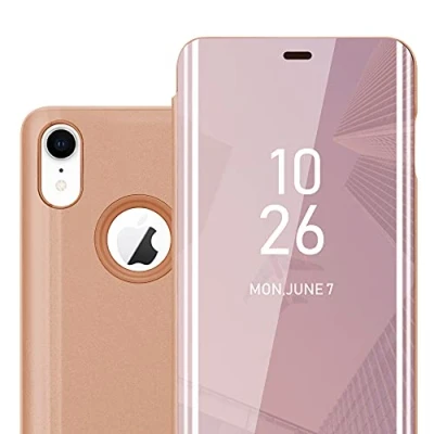 Image de Coque pour Apple iPhone XR en KUNZIT ROSE Clear View Housse de Protection Étui miroir avec fonction support à 360 degrés Neuf