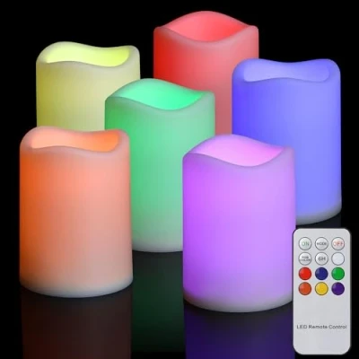 Image de FREEPOWER 6 bougies LED multicolores avec télécommande, minuteur, RVB, sans flamme, à piles, pour l&#039;extérieur, étanches, Ø 7,5 x 10 cm