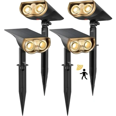 Image de Linkind Lampe Solaire Extérieur avec Détecteur de Mouvement, 3000K Blanc Chaud, 3 Modes (y Compris Éclairage Continu), 1000Lm Spot d&#039;Allée, StarRay IP67 LED Projecteur Jardin, 4PCS