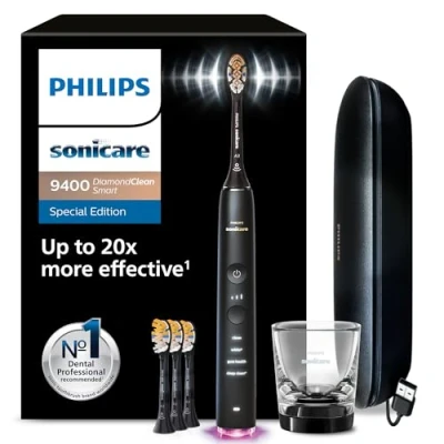 Image de Philips Sonicare DiamondClean Smart 9400 brosse à dents électrique avec 4 modes de brossage, 3 niveaux d&#039;intensité, capteur pression, connecté l’application, noir, modèle HX9918/89