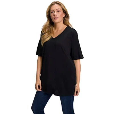 Image de Ulla Popken Femme Grandes Tailles T Shirt V, Relaxed, Pur Coton Noir 46+ 515283 10