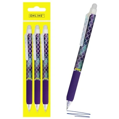 Image de Online 3x stylo roller gel effaçable Shiny Dreams, à bille encre bleu magiXX Design, partie soft grip, rechargeable, ideal pour enfants et l&#039;école, pointe moyenne