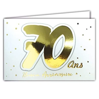 Image de Afie 69 2207 Carte 70 ANS Heureux ANNIVERSAIRE étoiles qui brillent en or doré sur fond blanc ; Livrée avec enveloppe Format fermée 17x11,5cm