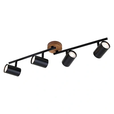 Image de Briloner Leuchten Luminaire à spots, spot plafonnier rétro, éclairage vintage, spots pivotants et orientables, 4x GU10, métal bois, noir, 682x90x145mm (LxlxH)