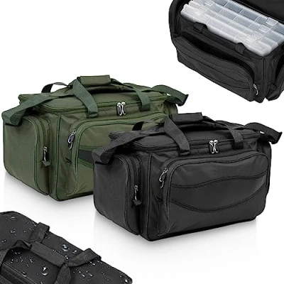 Image de Physionics® Sac de Pêche Étanche, 56 x 31 30 cm, en Polyester, Multifonctionnel, Vert Olive/Noir Rangement, Fourre Tout l&#039;Attirail, à Bandoulière (Noir)