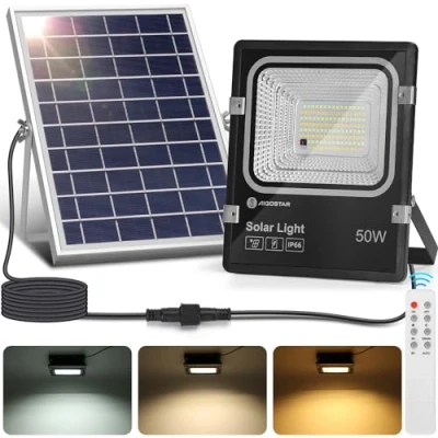 Image de Aigostar Projecteur Solaire LED d’extérieur avec Panneau Solaire,50W,Dimmable 3000/4000/6500K,5000mAH,Batterie de Grande Capacité,IP66,Lampe exterieur Télécommande,2M Câble,pour Jardin