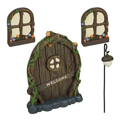 Image de Relaxdays Set pour fée d’extérieur (jardin), 2 fenêtres, 1 lampadaire, porte, pierre artificielle, multicolore