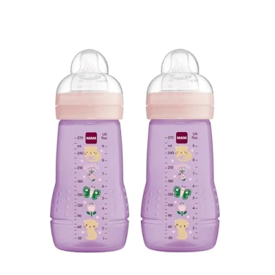 Image de MAM Easy Active Lot de 2 biberons (270 ml) avec tétine Taille 1 en silicone SkinSoft, bouteille lait forme ergonomique, 0 mois + chat/papillon