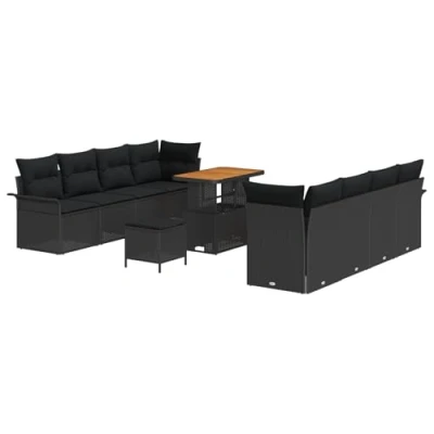 Image de VidaXL Ensemble de sofa jardin 11 pièces avec coussins en rotin poly noir Acacia 3362109