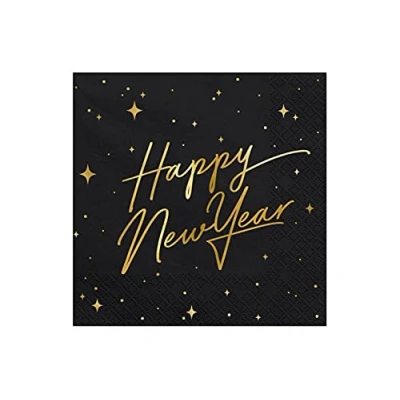 Image de Lot de 20 serviettes table pour fête du Nouvel An, décoration « Happy New Year » Noir et doré