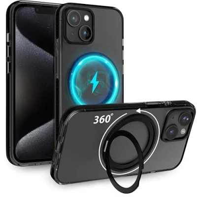 Image de MyGadget Coque pour iPhone 14 / 13 [Compatible avec MagSafe et Support 360] Case Hybride magnétique [Dos Rigide Bord en Silicone] Noir