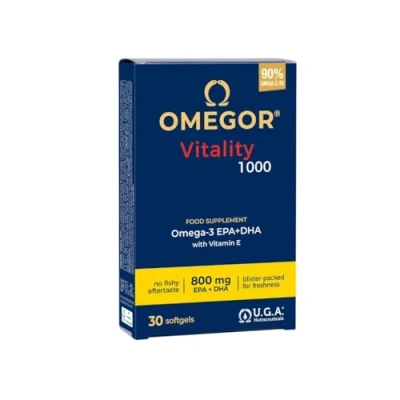 Image de OMEGOR® Vitality 1000 avec 90% d&#039;Oméga 3 rTG! Certifié 5 étoiles IFOS depuis 2006. EPA 535 mg et DHA 268 par capsule. Structure min. triglycérides distillation moléculaire 30 capsules