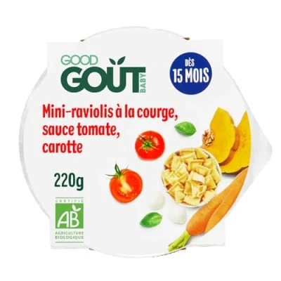 Image de GOOD GOÛT Mini Raviolis À La Courge, Sauce Tomate Et Carottes Plat Cuisiné Pour Bébé Dès 15 Mois Avec Morceaux Fabriqué En France Assiette Micro Ondable 190g