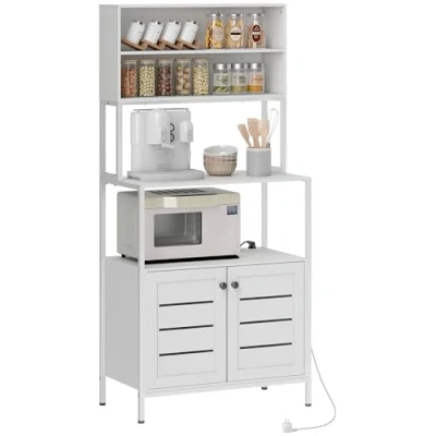 Image de HOMCOM Étagere Cuisine avec multiprise, Meuble Micro Onde, étagère Rangement Style Moderne Placard Double Porte à persiennes et Compartiments Ouverts, 80 x 42 171 cm, Blanc