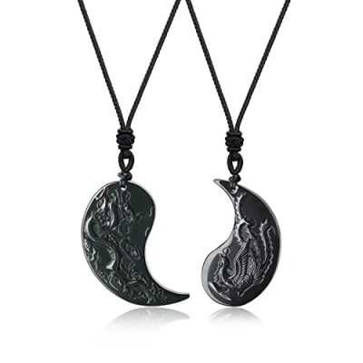 Image de COAI Pendentifs pour Couples Yin Yang Dragon Phénix Obsidienne Noire Cordon Ajustable