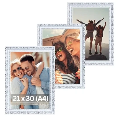 Image de Victor Cadre Photo Vintage Rubens Set de 3 21x30 cm (A4) Blanc Argent Baguette: 30x20mm Verre Véritable Baroque 20x30 A4