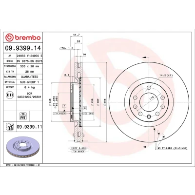 Image de BREMBO COATED DISC LINE 09.9399.11 Disque de frein 305 28 5 ventilé l&#039;intérieur revêtu FIAT: Croma II Break