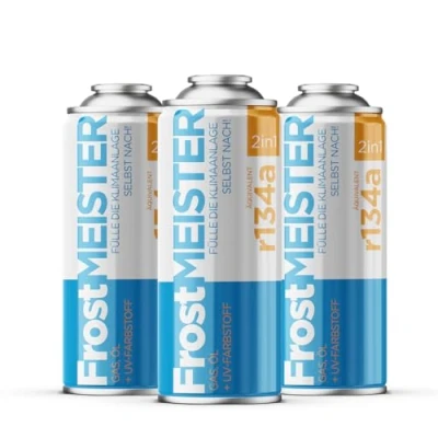 Image de FrostMEISTER Kit de remplissage 2 en 1 pour climatisation voiture 400 ml : rapide et facile avec remplacement R134a (1995 2016), respectueux l&#039;environnement sans danger les