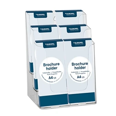 Image de Europel Porte brochure en polystyrène transparent, format 1/3 A4 portrait, 6 cases, option montage mural, dimensions hors tout 232x320x150 mm, Profondeur de remplissage par case 35 mm