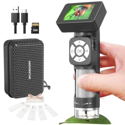 Image de Andonstar AD112 Kit de Microscope Poche Portable pour Enfants et Adultes avec écran LCD 2&quot;, Mini numérique 500X 8 lumières LED réglables, Compatible Windows PC