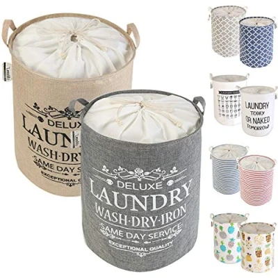 Image de LessMo Trieuse de Rangement pour Panier à Linge avec Cordon Serrage, paniers escamotables escamotables, Lin Coton Rond imperméable, [2PCS, épaissi 19.7 &quot;/ Large]