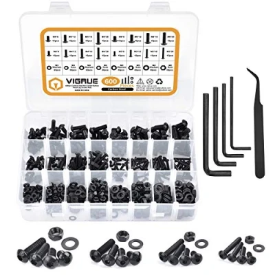 Image de VIGRUE Jeu de vis 600 pièces en acier au carbone M3 M4 M5 M6 Allen à tête cylindrique avec écrous, rondelles et clés dans une boîte d&#039;assortiment