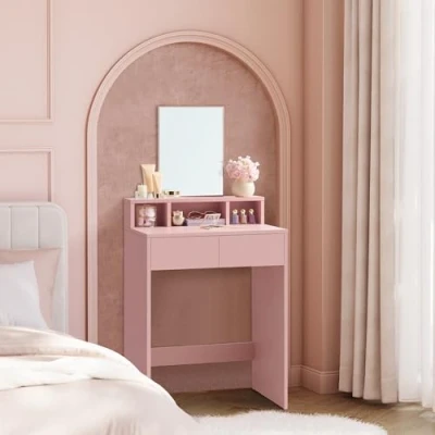 Image de VASAGLE Coiffeuse avec Grand Miroir, Table de Maquillage, 2 Tiroirs et 3 Compartiments, Coin Beauté, Style Moderne, Rose Bonbon RDT103R01