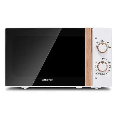 Image de MEDION Micro ondes (aspect bois, 20 litres, 700 watts, porte miroir, 5 niveaux de puissance, fonction décongélation, minuterie, MD10596) blanc
