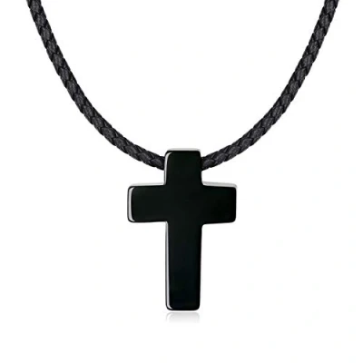 Image de COAI Collier Cuir Pendentif Croix Pierres Véritables Obsidienne Noire Unisexe
