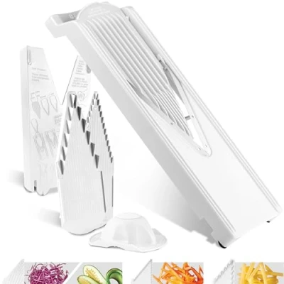 Image de coupe Légumes V3 (Starter Set) Mandoline en V pour 5 types de Réglable &amp; fruits Lame Acier Inoxydable Râpe avec Porte Blanc