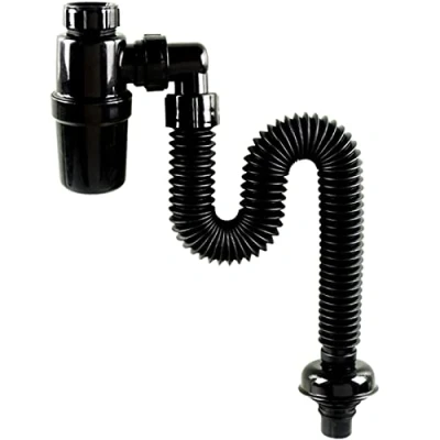 Image de Hapivida Tuyau Flexible d&#039;évacuation, Pièges à Déchets Universels pour Évier Siphon Décoratif Rond en P avec Tube D&#039;extension Extra Long Noir Mat Lavabo de Salle Bain