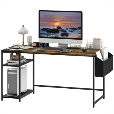Image de HOMCOM Bureau d&#039;ordinateur, Table Informatique 150 x 60 cm, avec Rangement, étagères de Rangement réversibles et Sac en Tissu, pour Petits espaces, Chambre à Coucher, Marron