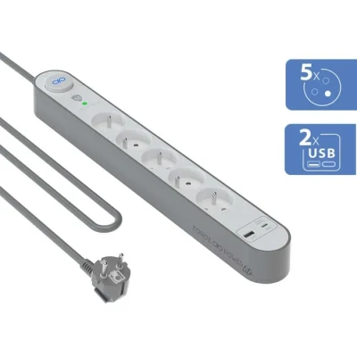 Image de Parafoudre 5 prises 800j avec USB A+C 1,5m 100% Plastique recyclé Grise et Blanche Garanti à vie Force Power Lite